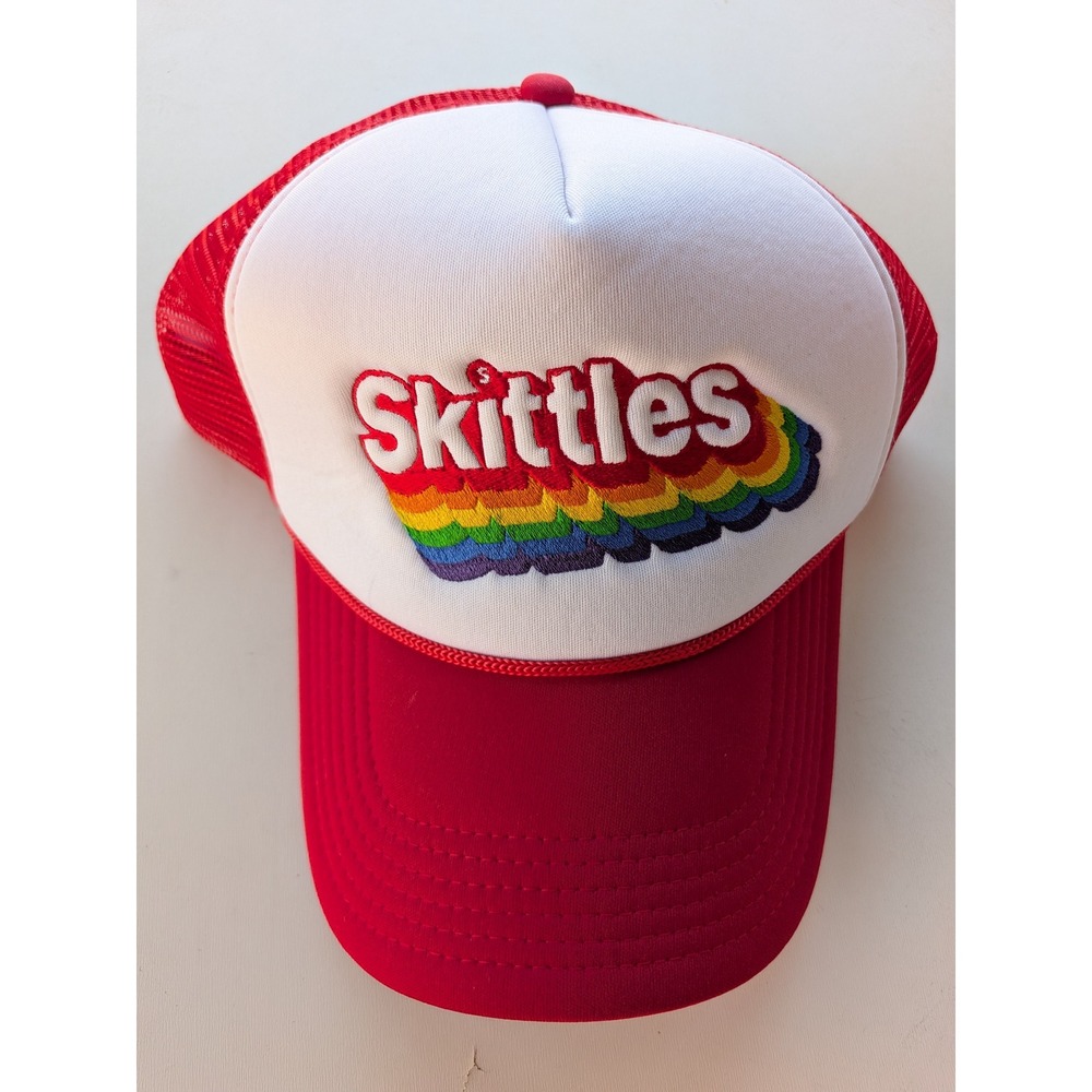 Skittles Rainbow Logo Trucker Cap Red White Mesh Snapback Hat Adult OSFA